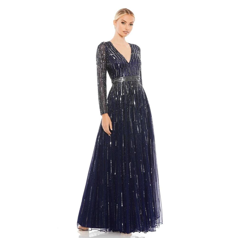 Mac Duggal Women’s Dress Navy Blue Illusion Long Sleeve Sequin Trumpet Gown 4977